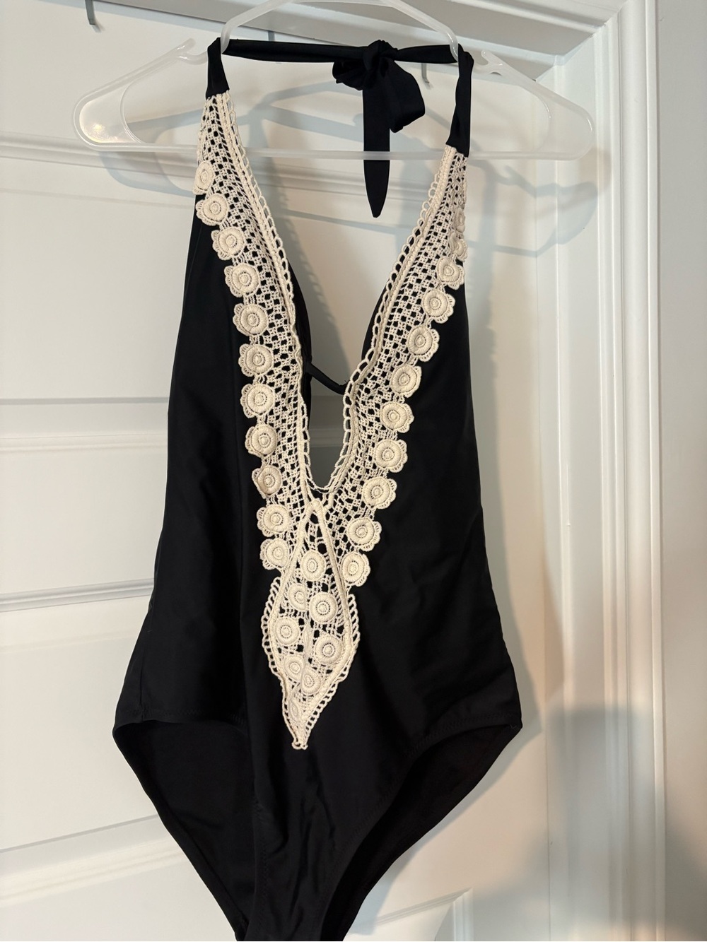 Kona Sol Black One-Piece Swimsuit with Cream Crochet Trim